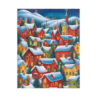 Colorful Winter Village Jigsaw Puzzle, 1000-Piece, Snow Capped Roofs, Red Green Blue Yellow, Charming Houses, Unique Art for Puzzle Lover