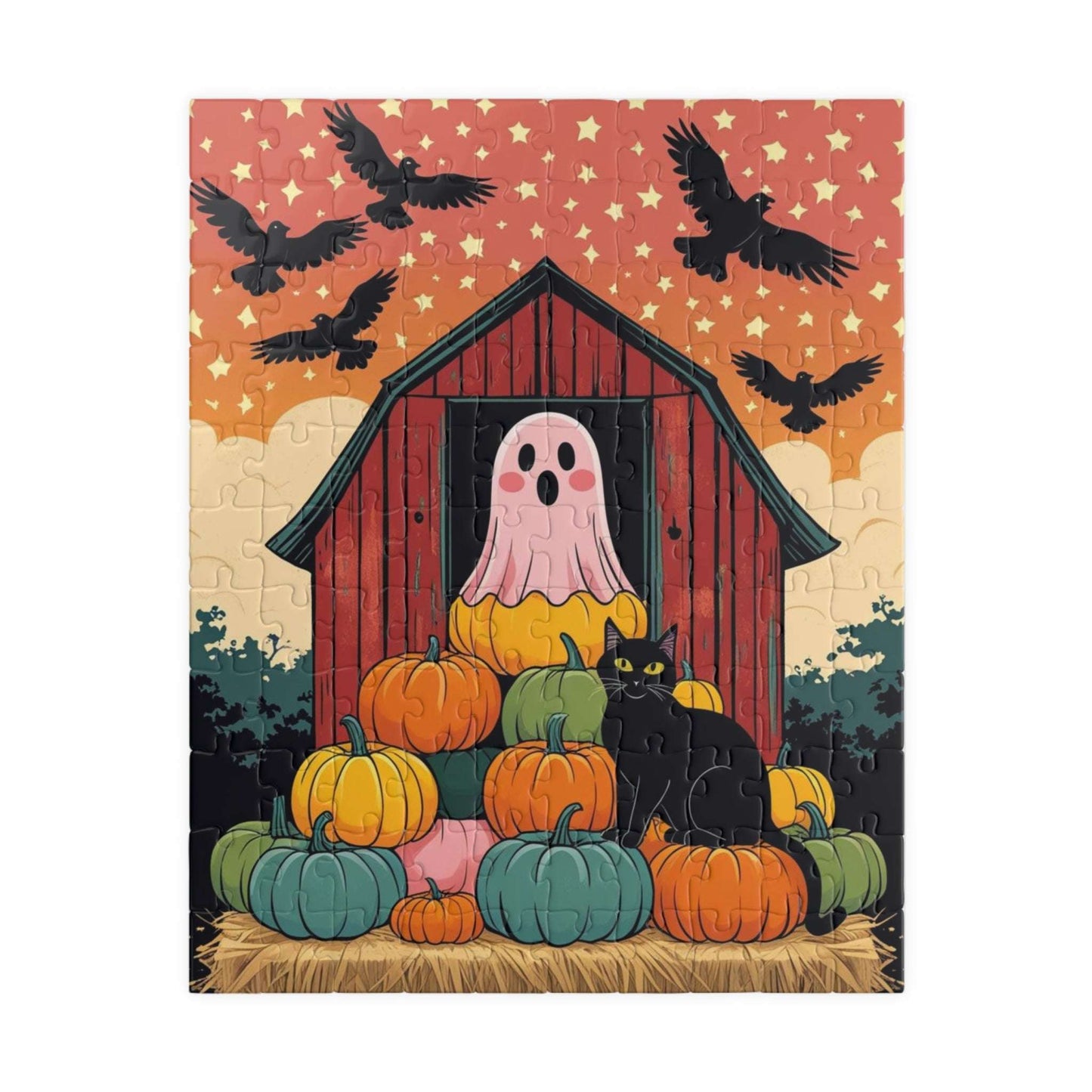Haunted Barn Halloween Jigsaw Puzzle - Ghost, Cat and Pumpkin Barnyard Scene