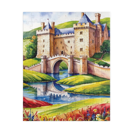 Medieval Castle Landscape Jigsaw Puzzle, Serene Moat Drawbridge Rolling Hills and Colorful Flowers, Challenging Family Game, Mindfulness 110 pcs (Vertical) Puzzle The Puzzle Chest