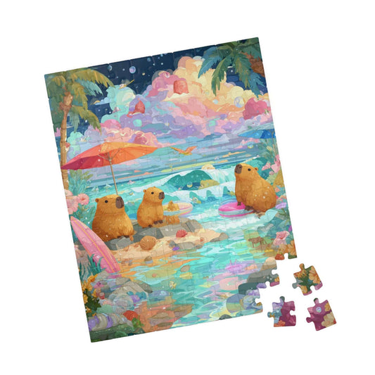 Beach Day Capybaras Puzzle, Tropical Paradise Beach Scene Animal Jigsaw Game 110 pcs (Vertical) Puzzle The Puzzle Chest