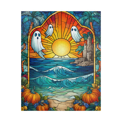 Stained Glass Style Sunset with Ghosts Puzzle | Ocean Waves, Pumpkins, Castle 110/252/520/1014-piece Puzzle The Puzzle Chest