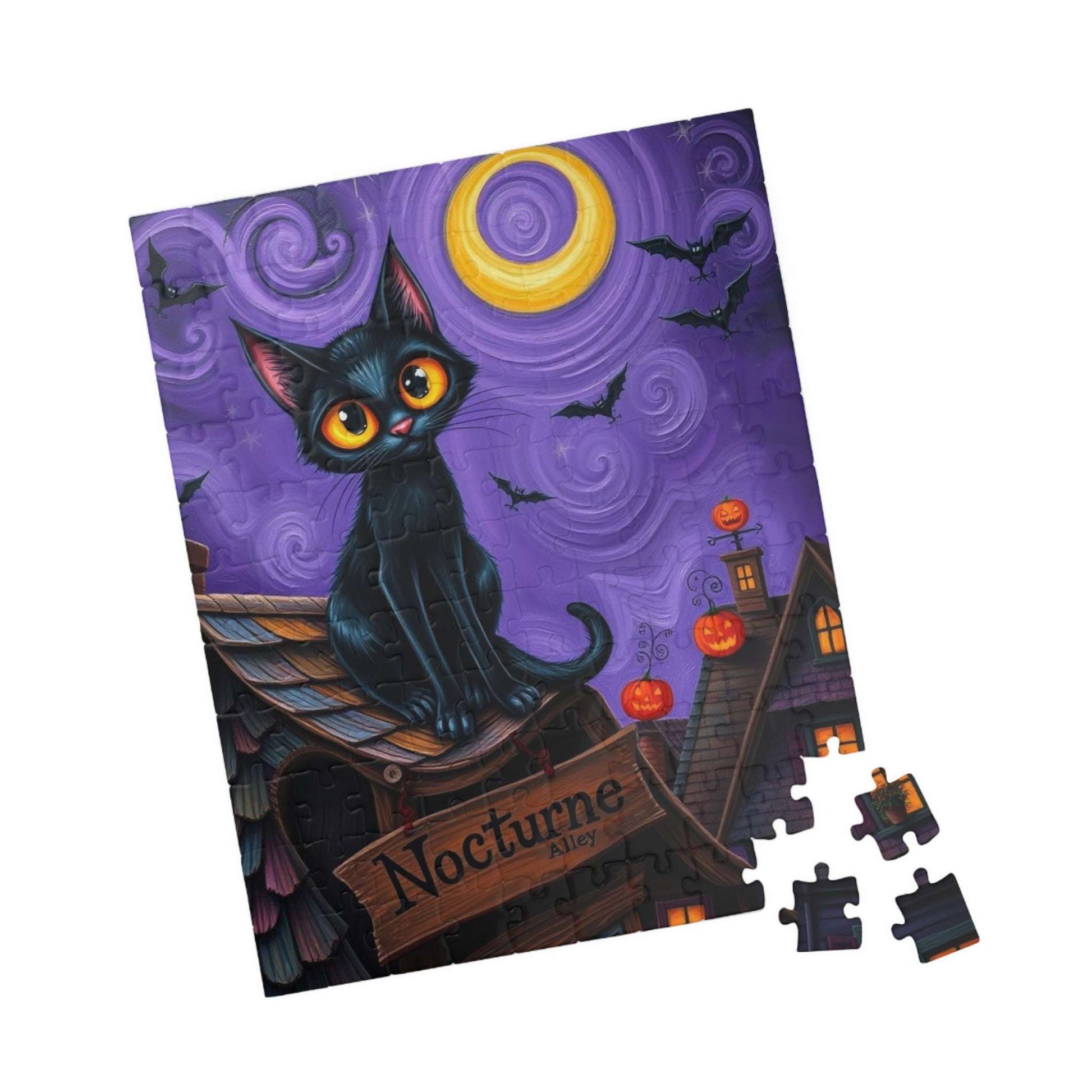 Crooked Rooftop Cat Jigsaw Puzzle, Halloween Black Cat 110, 252, 520, 1014-Piece, Spooky Moon Design, Game Night Activity, Family Fun