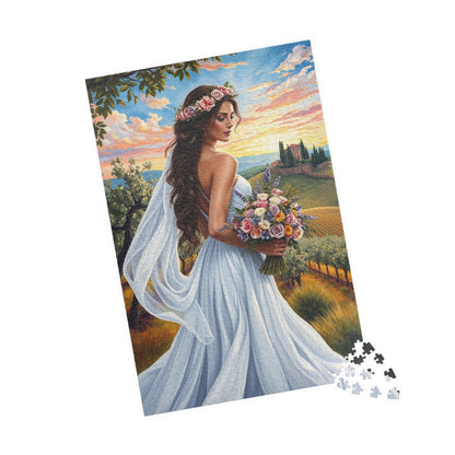 Elegant Italian Bride Jigsaw Puzzle, White Gown Floral Crown Wildflower Bouquet, Tuscan Vineyard Romantic Wedding, Puzzle Enthusiast Gift Puzzle The Puzzle Chest