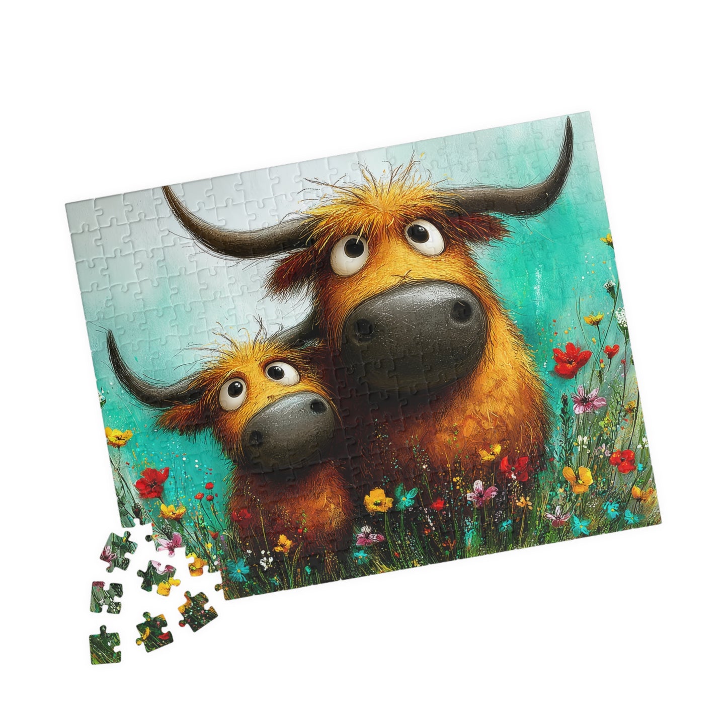 Whimsical Highland Cows Puzzle | 110/252/520 Piece Jigsaw 252 pcs (Horizontal) Puzzle The Puzzle Chest