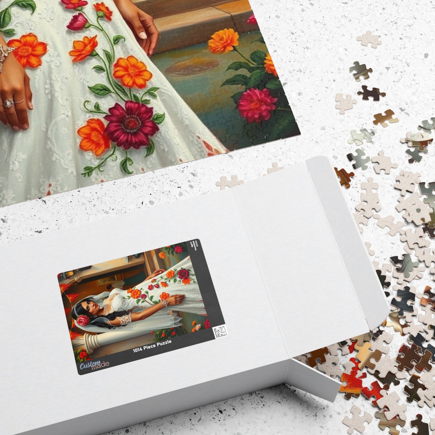 Puzzle - Mexican Bride in Lace Gown, Otomi Flowers Hacienda Candles, 110-1014 Piece Jigsaw, Wedding Dress Design, Cultural Artwork Folklore Puzzle The Puzzle Chest