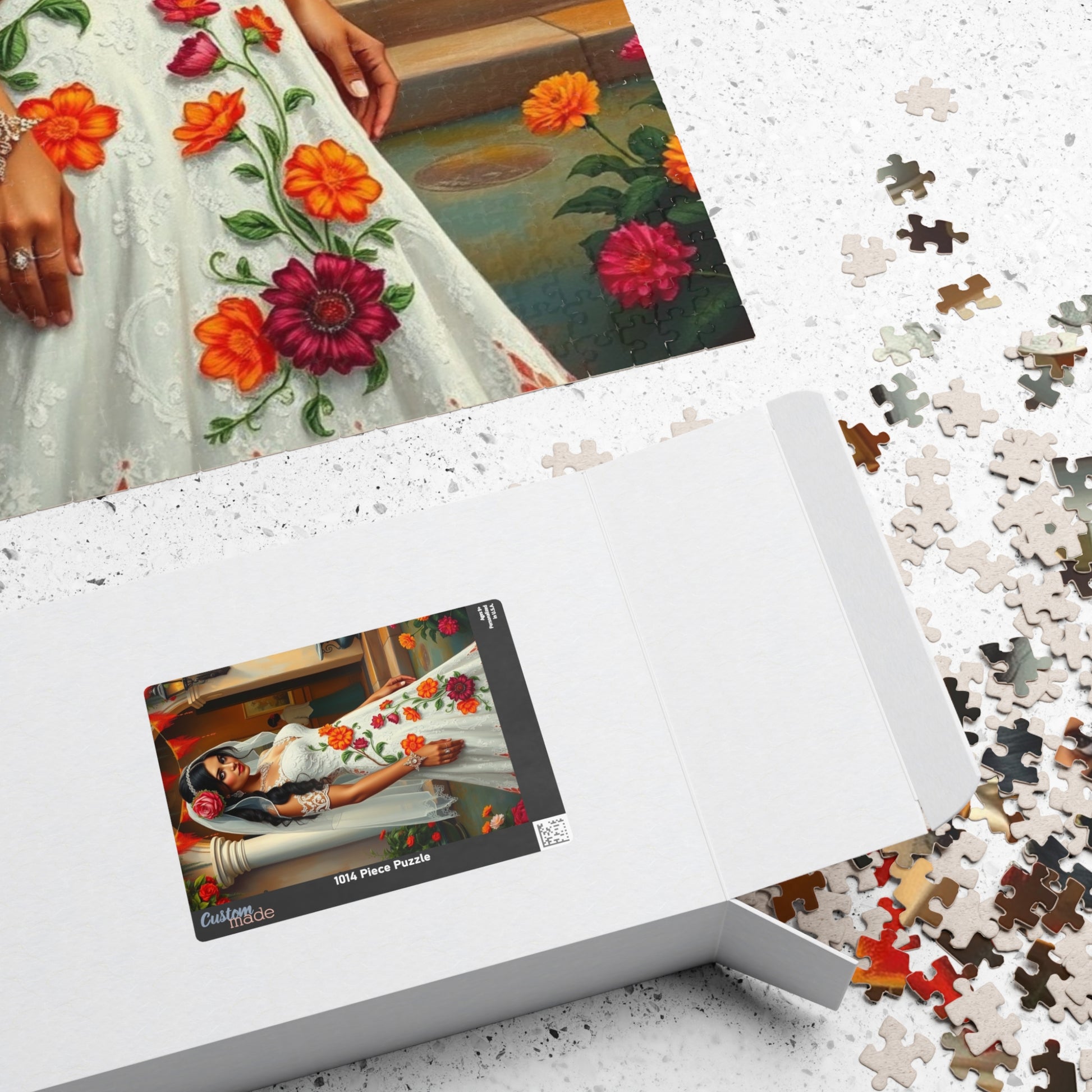 Puzzle - Mexican Bride in Lace Gown, Otomi Flowers Hacienda Candles, 110-1014 Piece Jigsaw, Wedding Dress Design, Cultural Artwork Folklore Puzzle The Puzzle Chest