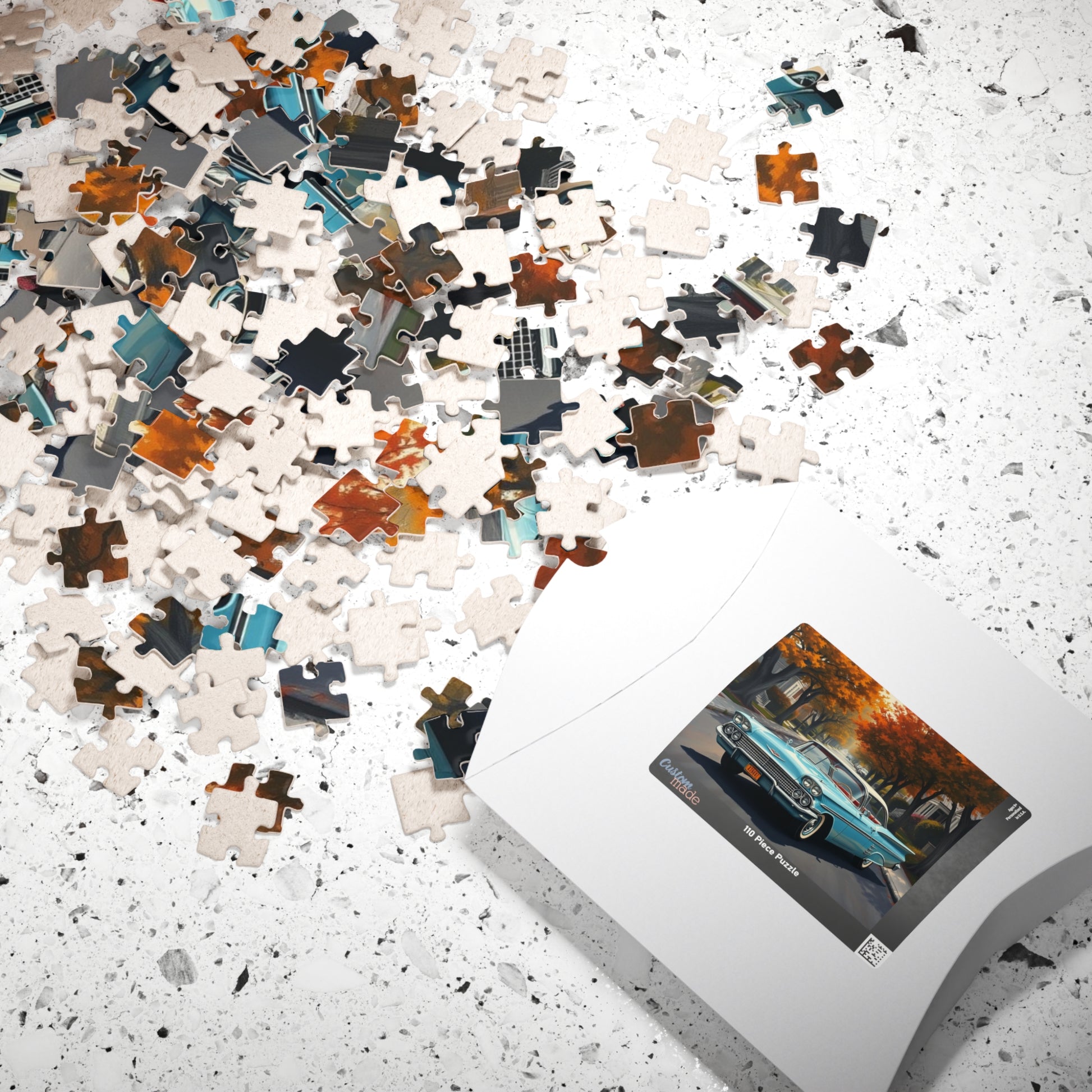 Vintage Car Jigsaw Puzzle, Classic 1958 Impala, Retro 1950s Flower-Lined Neighborhood Scene Puzzle The Puzzle Chest