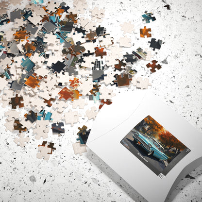 Vintage Car Jigsaw Puzzle, Classic 1958 Impala, Retro 1950s Flower-Lined Neighborhood Scene Puzzle The Puzzle Chest