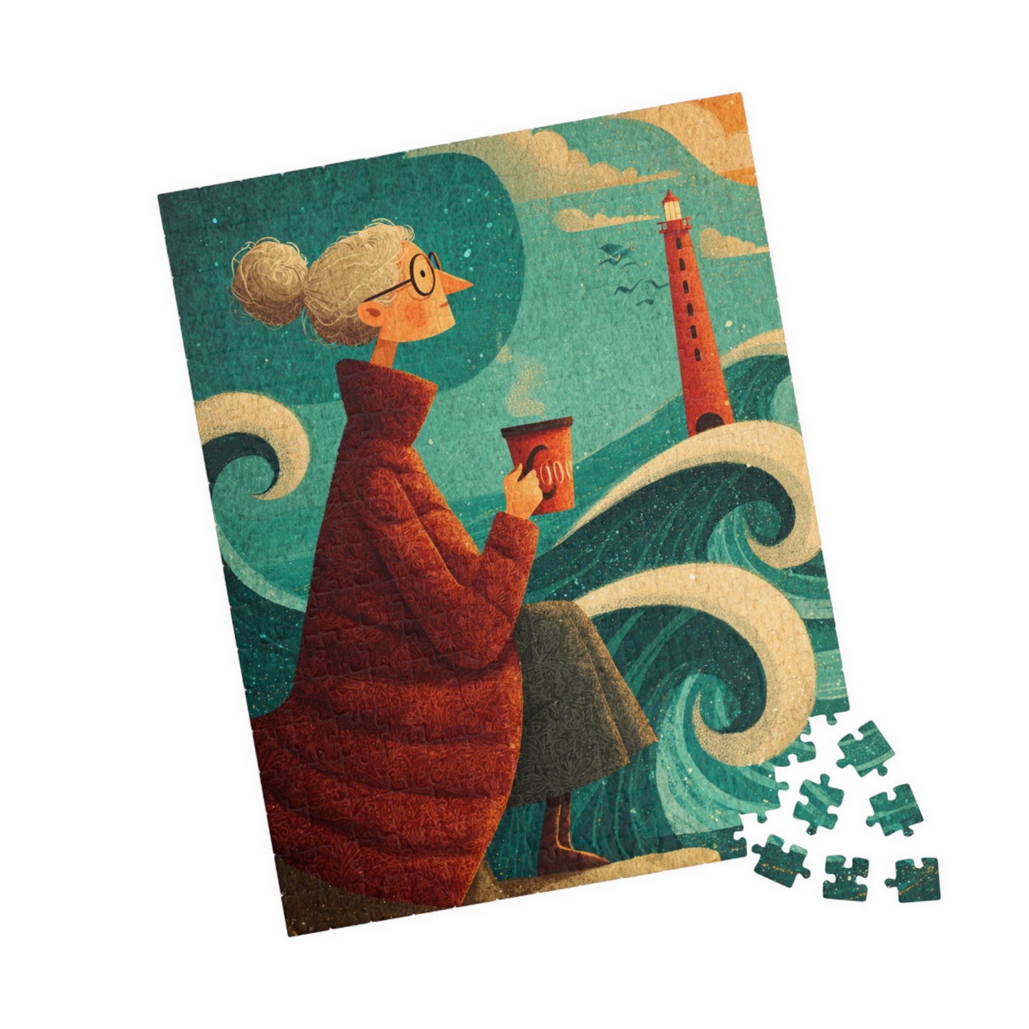 Seaside Grandma Jigsaw Puzzle - Heartwarming Ocean Cliff Storybook Scene Featuring Elderly Lady and Red Lighthouse 252 pcs (Vertical) Puzzle The Puzzle Chest
