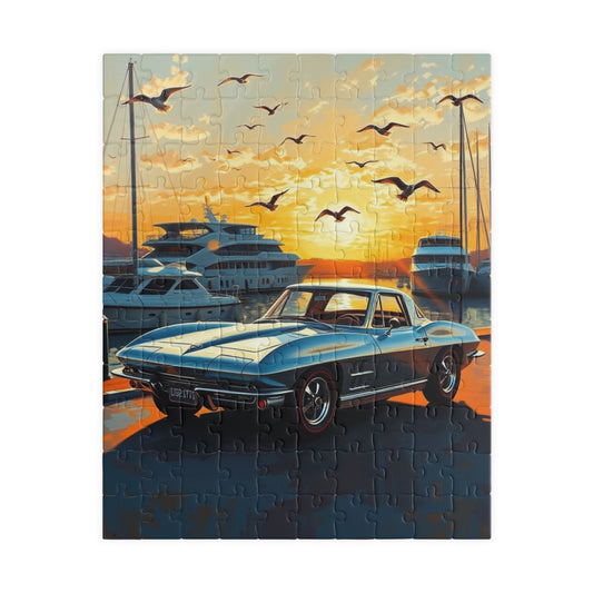 Classic Car Sunset Puzzle, 1963 Corvette Stingray Vintage Car Jigsaw, Family Game Night Gift for Car Lover Mindfulness Activity Brain Teaser 110 pcs (Vertical) Puzzle The Puzzle Chest