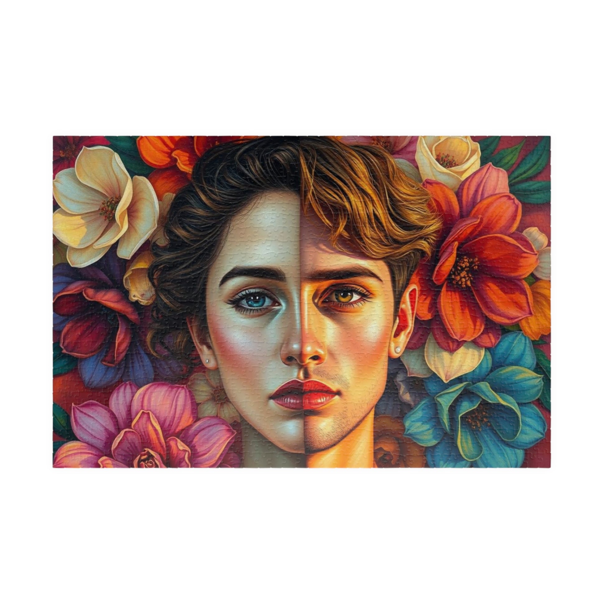 LGBTQ+ Surrealist Self-Portrait Jigsaw Puzzle, Androgynous Subject (Femme/Masc Halves), Gift for Art Lover, Game Night, Pride Month 1014 pcs (Horizontal) Puzzle The Puzzle Chest