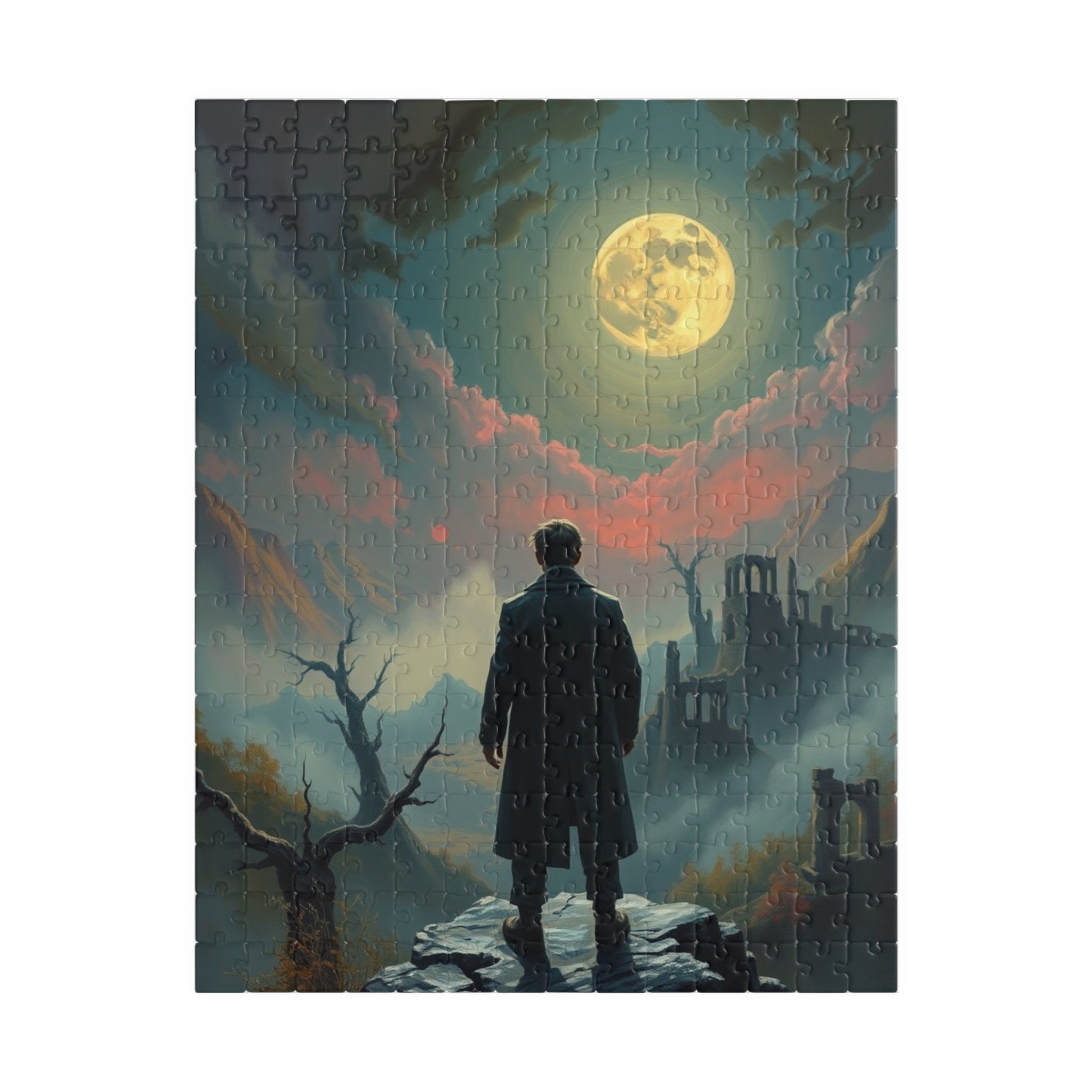 Mystical Moonlight Puzzle, Lone Traveler Overlooking Valley of Ruins, Gothic Art Jigsaw Game, Puzzle Lover Gift, Family Activity Solo Fun 252 pcs (Vertical) Puzzle The Puzzle Chest