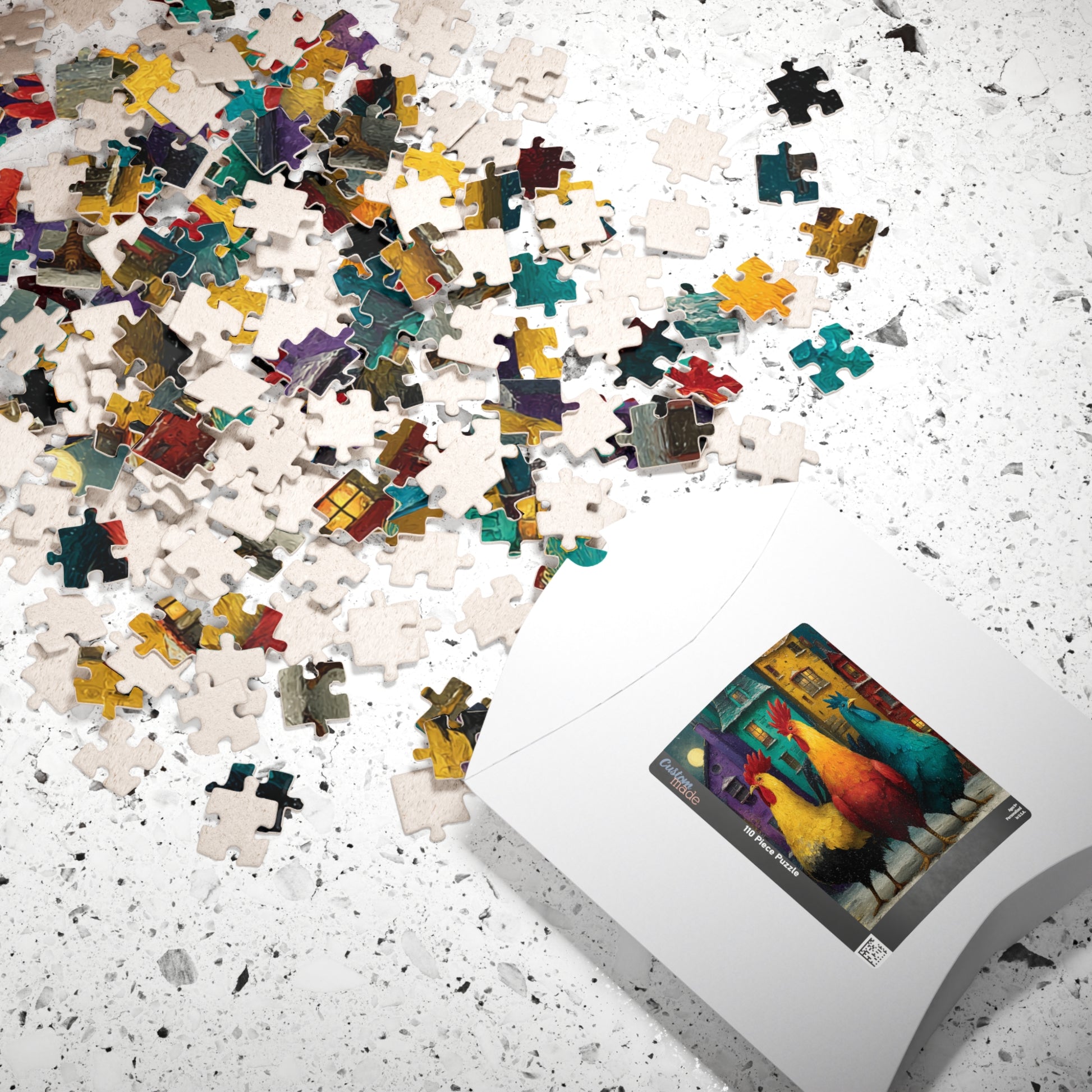 Moonlit Roosters in a Snowy Village Jigsaw Puzzle - Chickens and Colorful Crooked Houses Puzzle The Puzzle Chest