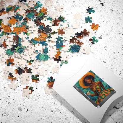 Afrocentric Woman in Swirl Dress Puzzle | Black Woman Jigsaw Game