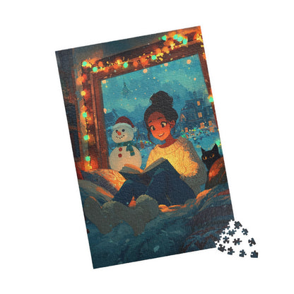 Christmas Window Glow Jigsaw Puzzle – Woman Reading by the Window with Fairy Lights, Snowman and Black Cat 1014 pcs (Vertical) Puzzle The Puzzle Chest