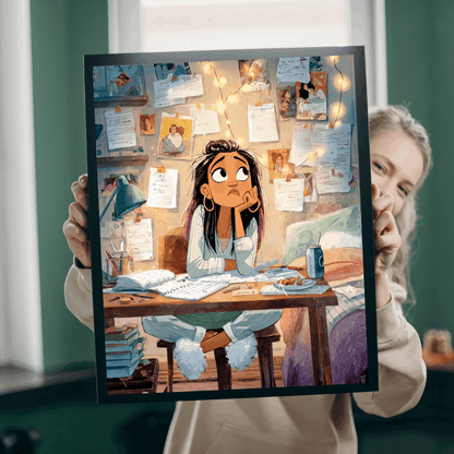 Funny Homework Cartoon Puzzle - Watercolor Jigsaw Game, Teen Girl Struggling at Desk Puzzle The Puzzle Chest