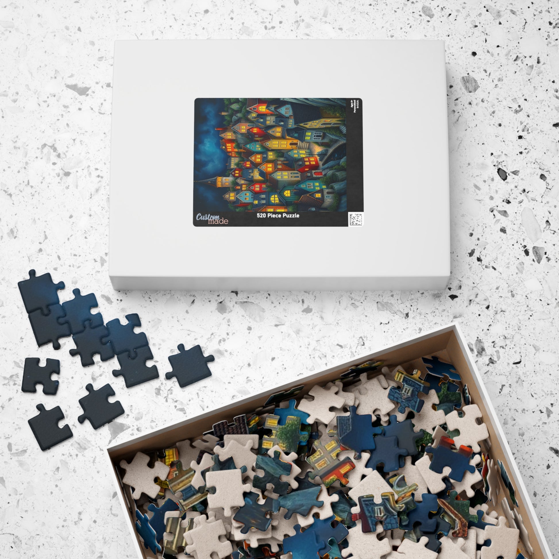 Village Puzzle at Night with Colorful Houses and Glowing Windows, Nighttime Adult Jigsaw Game, Bioluminescent Town The Puzzle Chest