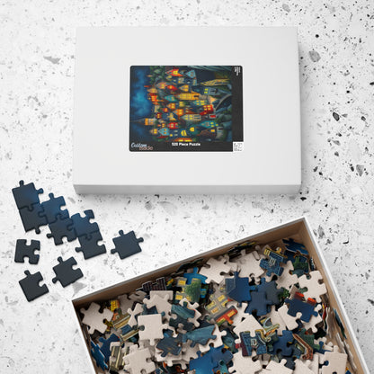 Village Puzzle at Night with Colorful Houses and Glowing Windows, Nighttime Adult Jigsaw Game, Bioluminescent Town The Puzzle Chest