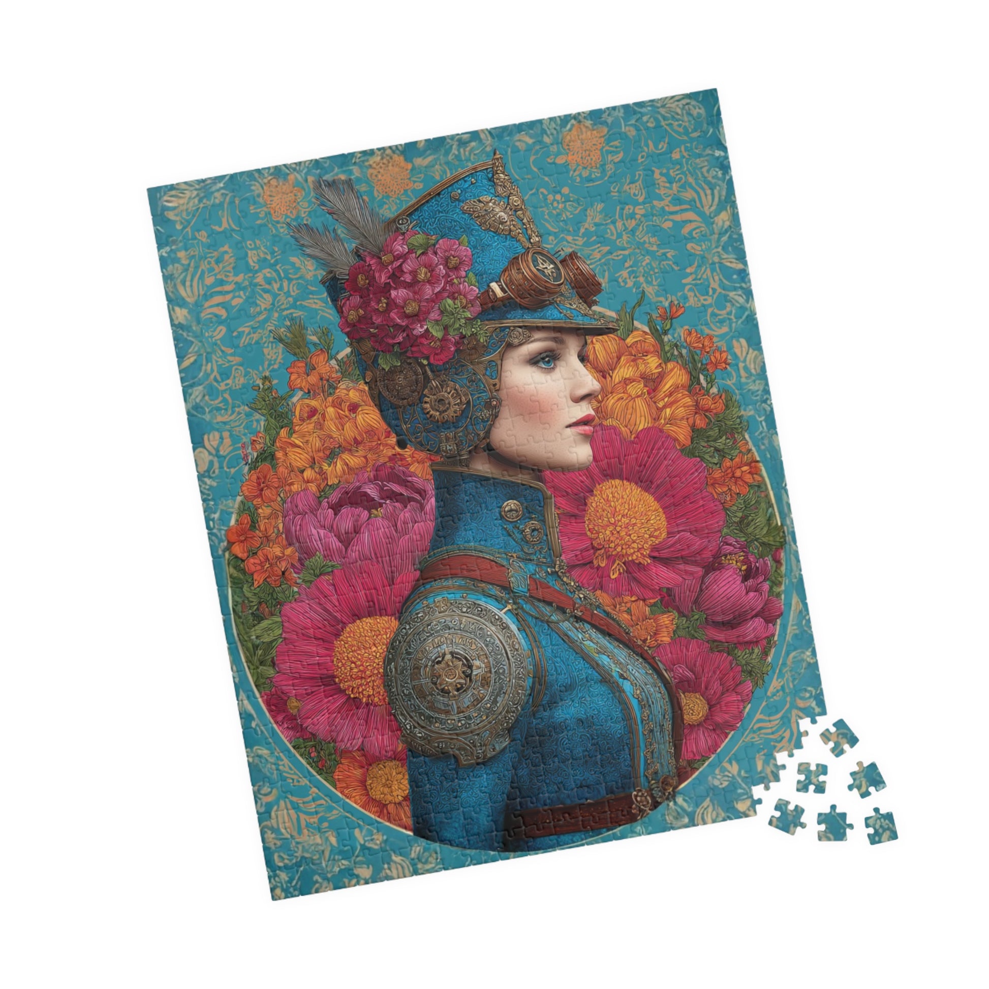 Colorful Female Portrait with Floral and Gear Elements - Unique Steampunk Art Jigsaw Puzzle 520 pcs (Vertical) Puzzle The Puzzle Chest