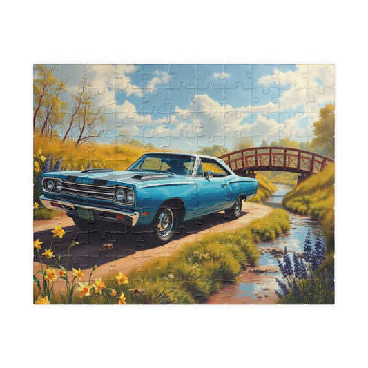 Vintage Car Jigsaw Puzzle, Nostalgic Artwork Sky Blue 1969 Plymouth Road Runner, Perfect Gift for Car Lover, Family Activity, Relaxing Hobby 110 pcs (Horizontal) Puzzle The Puzzle Chest