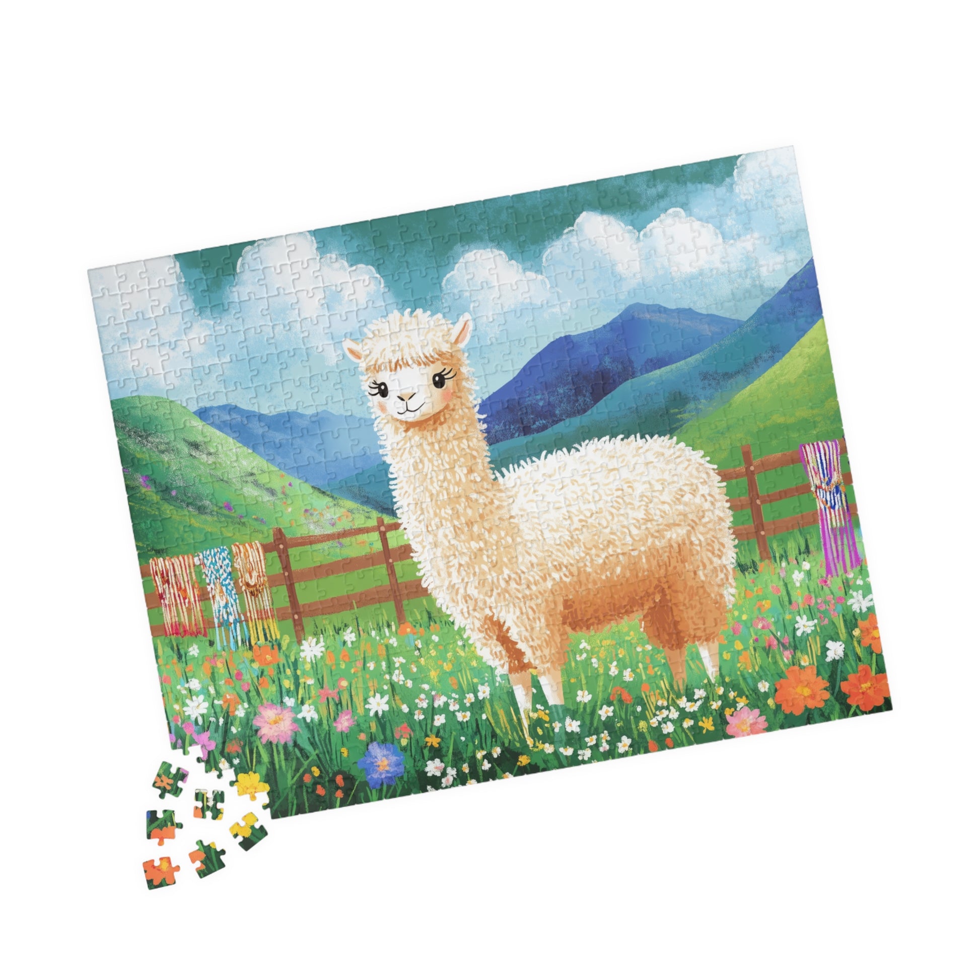 Alpaca in Flower Meadow Puzzle | Scenic Mountain Jigsaw 520 pcs (Horizontal) Puzzle The Puzzle Chest