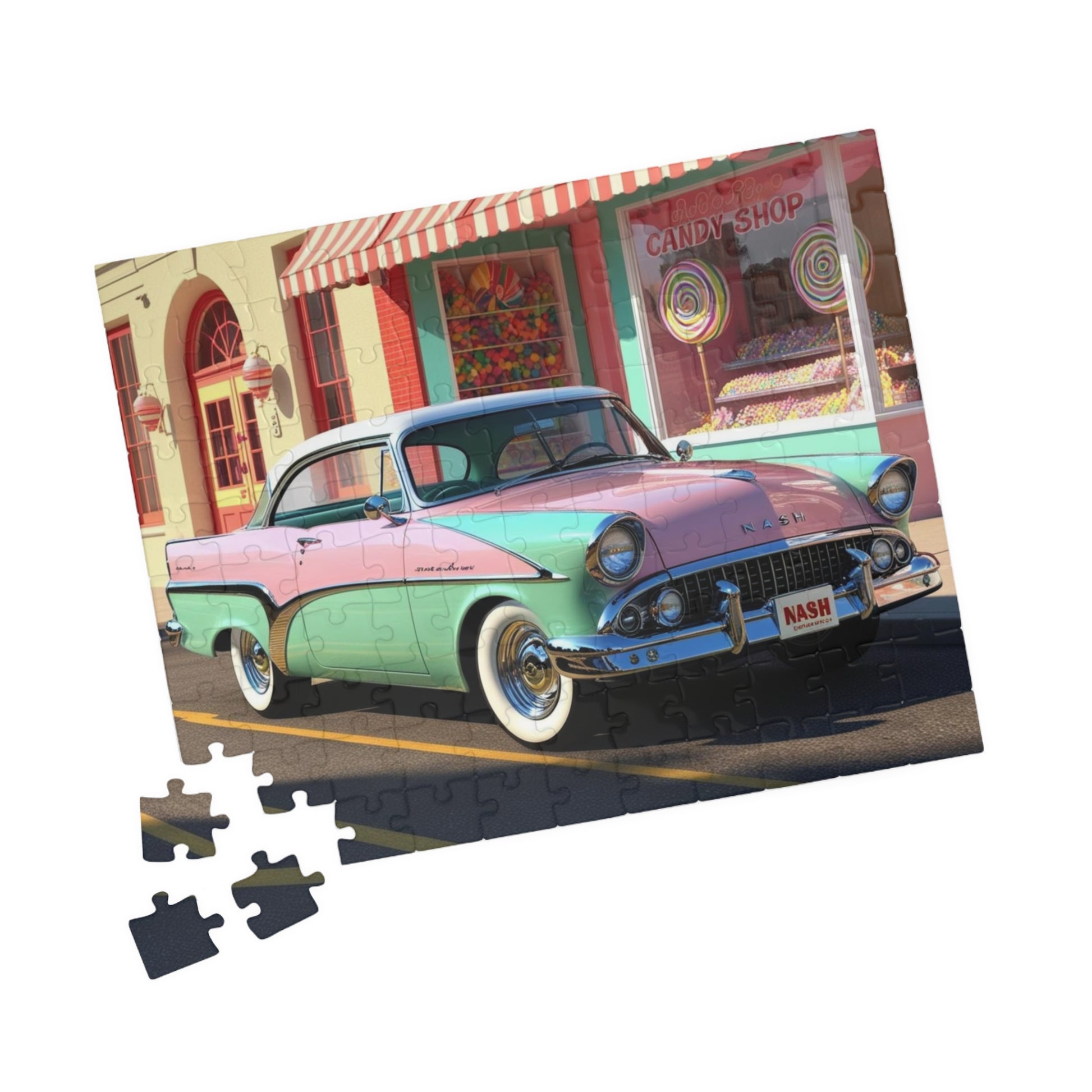 Vintage Car Puzzle - 1957 Metropolitan Classic Auto Jigsaw Game, Nostalgic Candy Shop Design Puzzle The Puzzle Chest