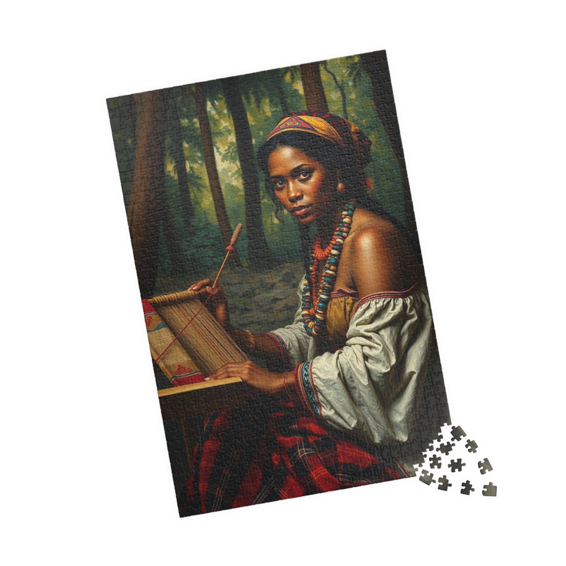 Puzzle of Indigenous Woman Weaving on a Loom in Nature, Cultural Ethnic Art Forest Scene, Family Friendly Jigsaw Game, Puzzle Lover Gift Puzzle The Puzzle Chest