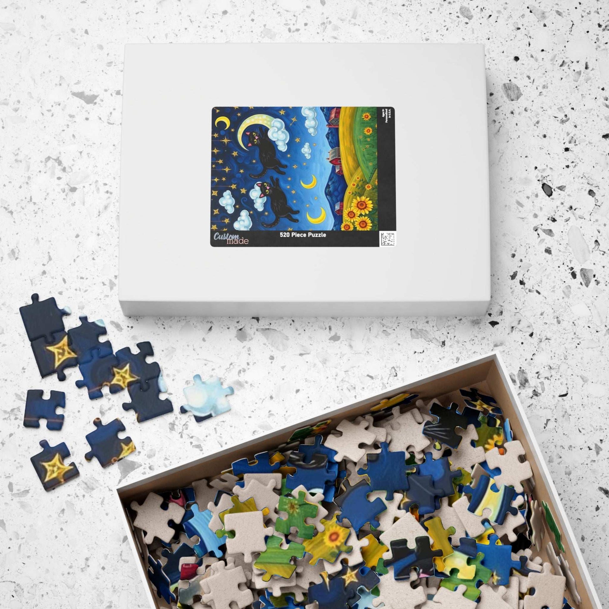 Starry Cat Chase Jigsaw Puzzle - Black Cats and Sunflowers, 110-1014 Piece Whimsical Cat Lover Gift, Brain Teaser Game, Indoor Hobby, Family