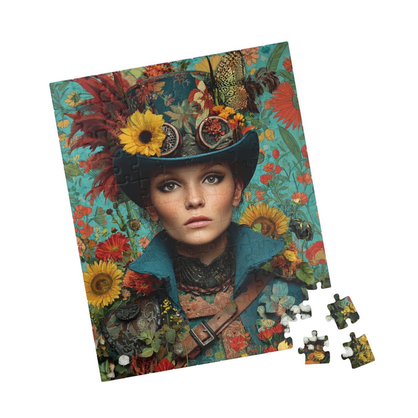Colorful Steampunk Woman Jigsaw Puzzle – Intricate Floral Portrait with Detailed Hat Design 110 pcs (Vertical) Puzzle The Puzzle Chest