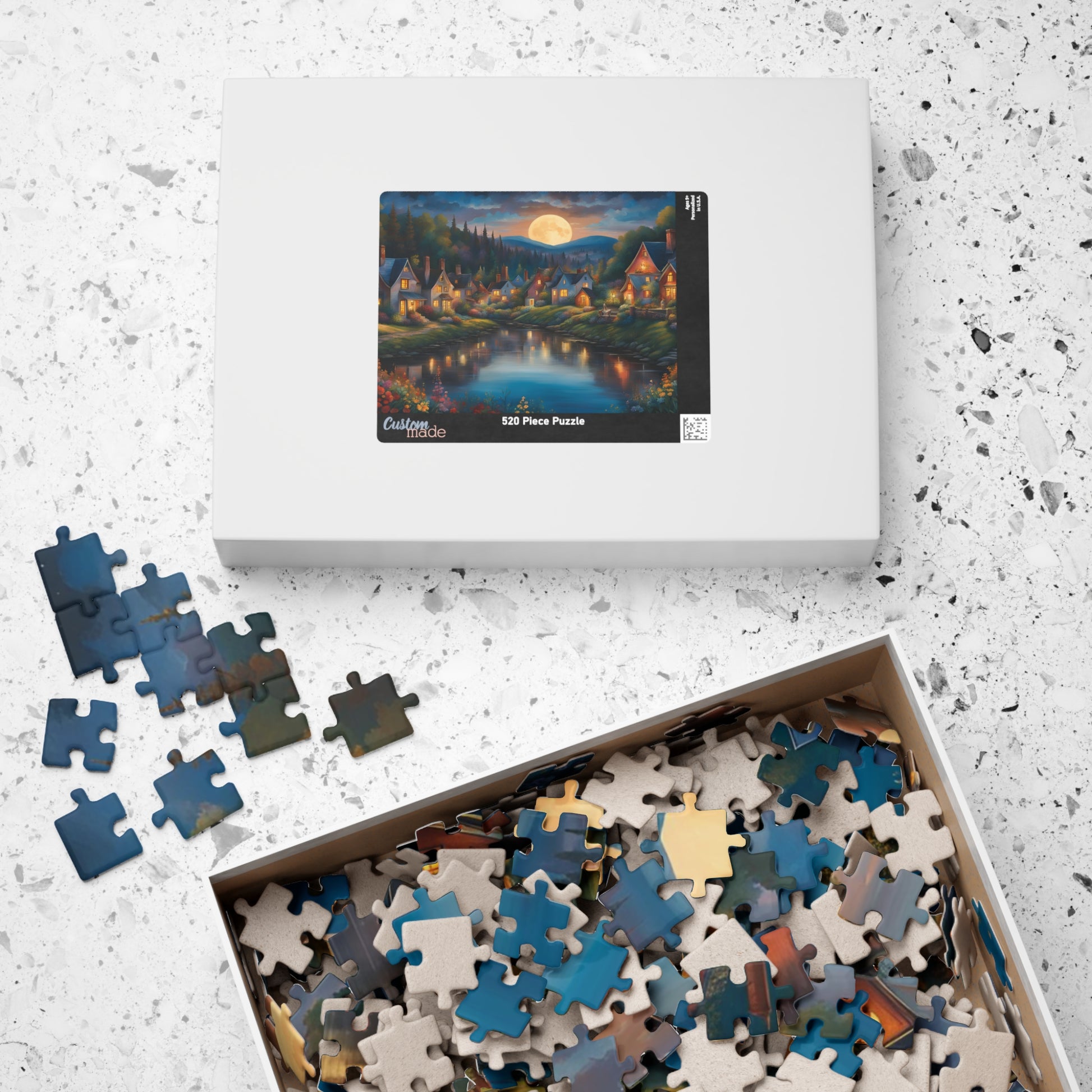 Nighttime Village Landscape Puzzle Gifted, Serene River, Moonlit Backdrop, 520 pcs, Adult, Relaxing Activity, Jigsaw Game, Holiday Present The Puzzle Chest