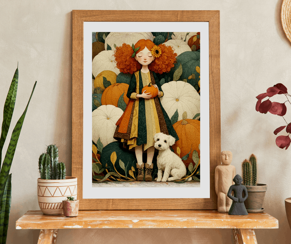 Red-Haired Girl and White Terrier in a Storybook Pumpkin Patch Fairy-Tale Jigsaw Puzzle Puzzle The Puzzle Chest