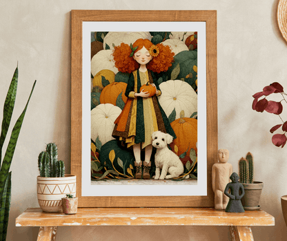 Red-Haired Girl and White Terrier in a Storybook Pumpkin Patch Fairy-Tale Jigsaw Puzzle Puzzle The Puzzle Chest