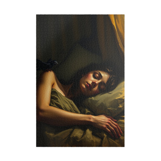 Gothic Puzzle - Dimly Lit Bedroom with Sleeping Woman and Dark Creature, Eerie Atmosphere, 110-1014 Piece Jigsaw, Adult Unisex Activity, 1014 pcs (Vertical) Puzzle The Puzzle Chest