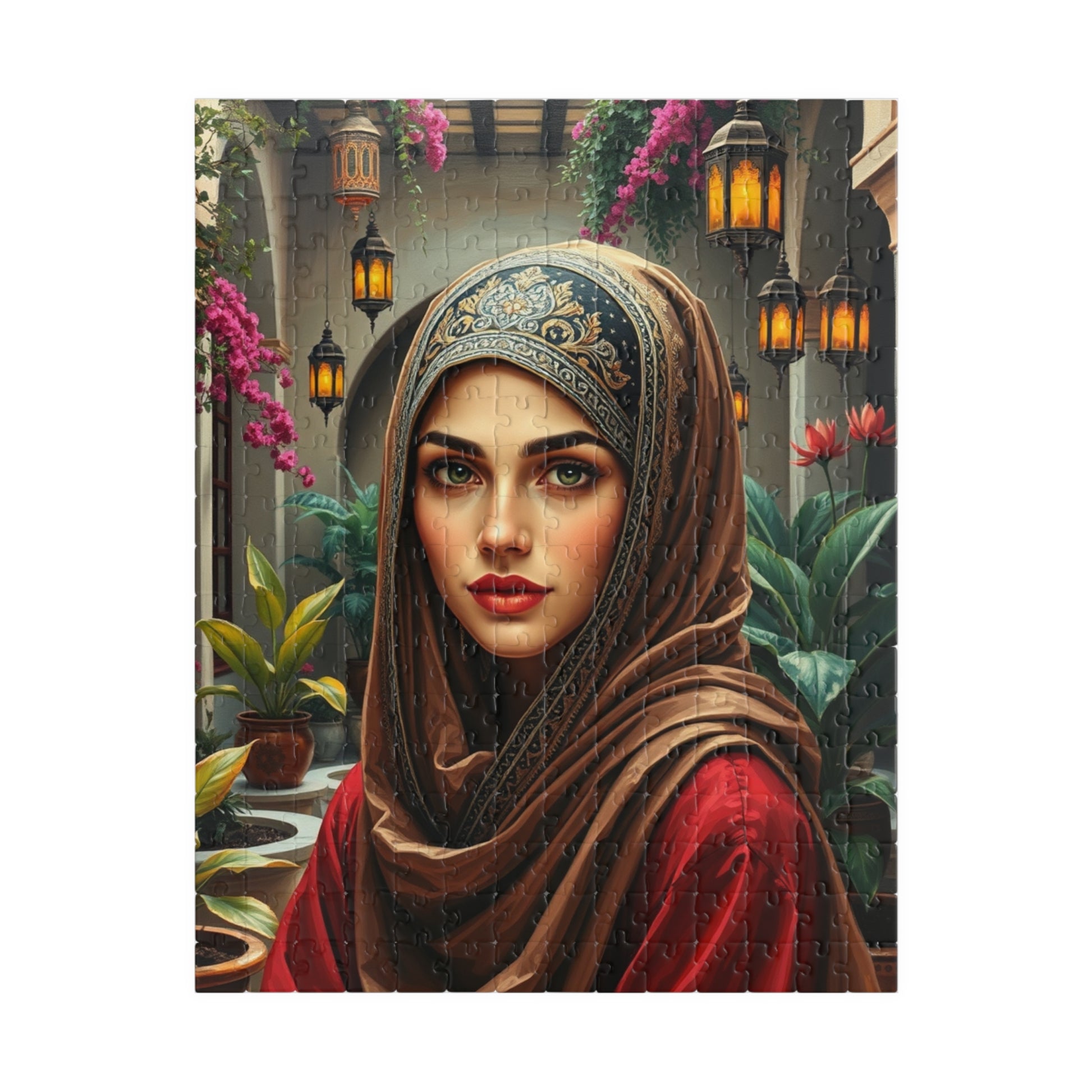 Middle Eastern Cultural Art Jigsaw Puzzle, Woman in Hijab Courtyard Scene, Hanging Lanterns Vibrant Plants, Puzzle Enthusiast Art Lover Gift 252 pcs (Vertical) Puzzle The Puzzle Chest