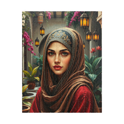 Middle Eastern Cultural Art Jigsaw Puzzle, Woman in Hijab Courtyard Scene, Hanging Lanterns Vibrant Plants, Puzzle Enthusiast Art Lover Gift 252 pcs (Vertical) Puzzle The Puzzle Chest