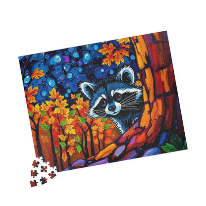 Autumn Nightscape Raccoon Puzzle, Colorful Nature Jigsaw for Solo or Family Fun, Birthday Gift for Animal Lover, Cozy Night In Entertainment