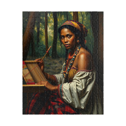 Puzzle of Indigenous Woman Weaving on a Loom in Nature, Cultural Ethnic Art Forest Scene, Family Friendly Jigsaw Game, Puzzle Lover Gift 252 pcs (Vertical) Puzzle The Puzzle Chest