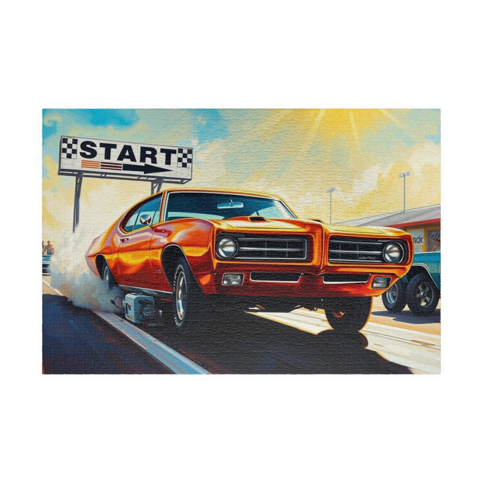 Vintage Muscle Car Puzzle, Classic Metallic Orange 1969 Pontiac GTO, Drag Race Strip Scene Jigsaw Game for Him, Mindful Puzzle Lover Gift 1014 pcs (Horizontal) Puzzle The Puzzle Chest