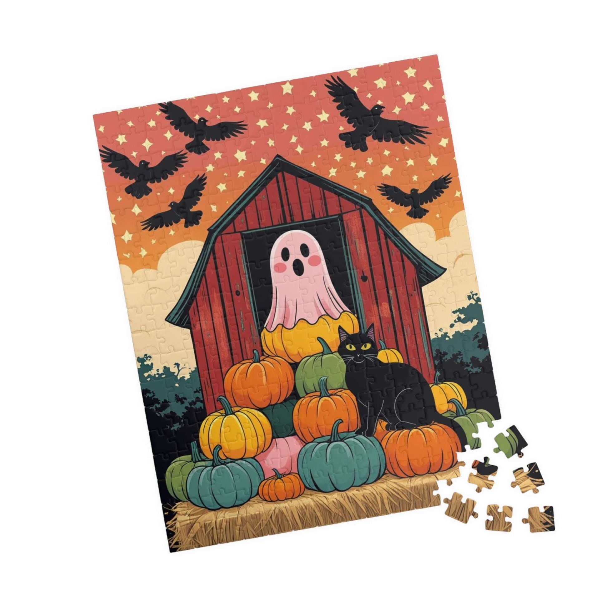 Haunted Barn Halloween Jigsaw Puzzle - Ghost, Cat and Pumpkin Barnyard Scene