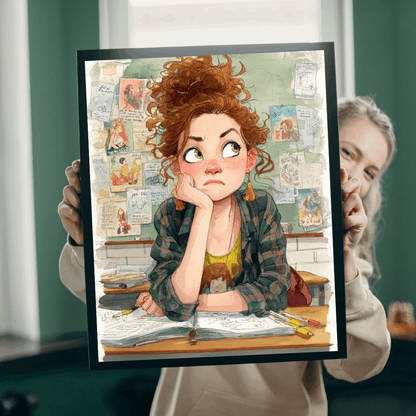 Funny Student Classroom Cartoon Puzzle - Girl at Desk with Whimsical School Background Puzzle The Puzzle Chest