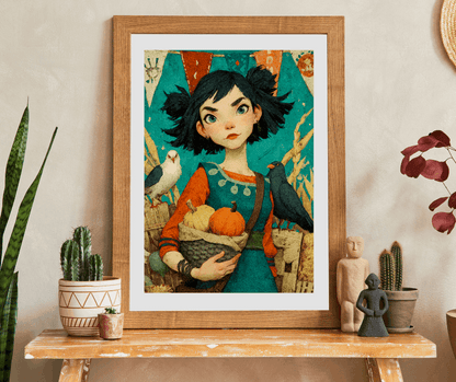 Whimsical Harvest Festival Jigsaw Puzzle - Asian Girl Fairy-Tale Autumn Scene with Doves, Gourds, Hay Bales, Crates, and Festive Banners Puzzle The Puzzle Chest