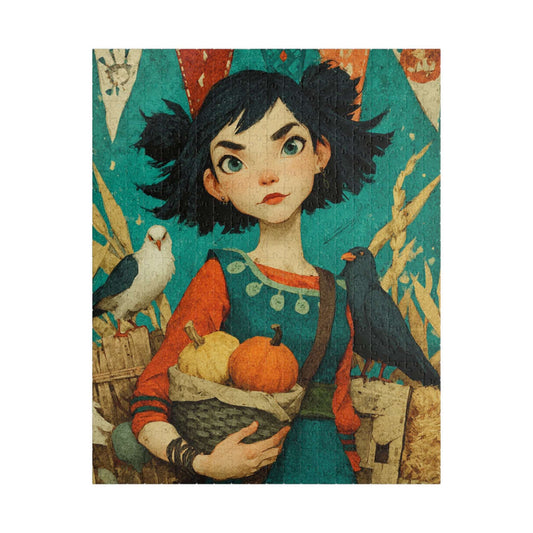 Whimsical Harvest Festival Jigsaw Puzzle - Asian Girl Fairy-Tale Autumn Scene with Doves, Gourds, Hay Bales, Crates, and Festive Banners Puzzle The Puzzle Chest