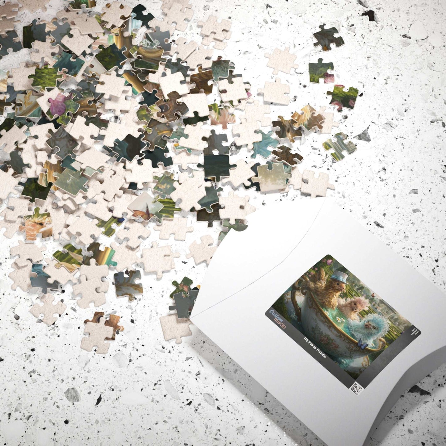Whimsical Garden Tea Chicken Puzzle – Three Fancy Chickens in Giant Teacup Bath with Flowers, Fairy-Tale Farm Animal Jigsaw Puzzle The Puzzle Chest