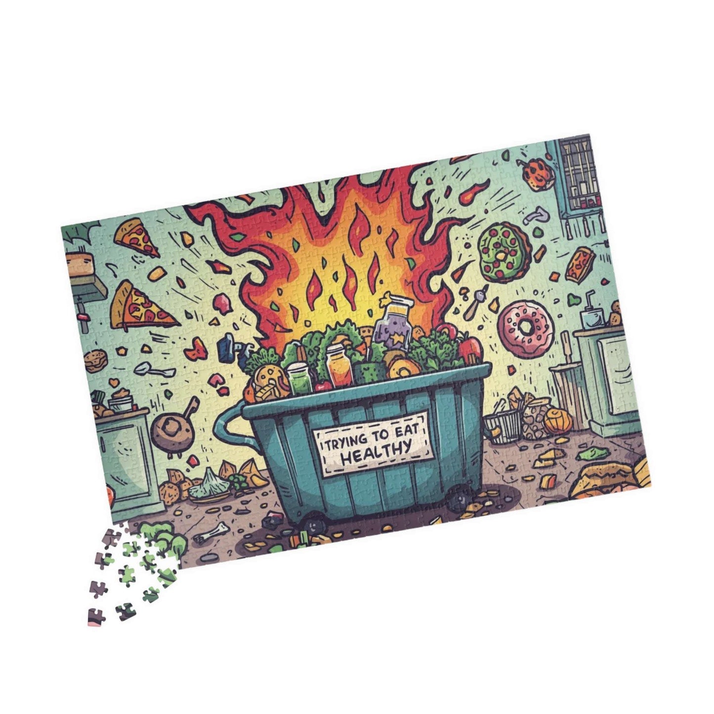 Funny Healthy Eating Jigsaw Puzzle - Dumpster Fire Meme, Family Game Night or Solo Fun, Holiday Birthday Gift, Brain Teaser 1014 pcs (Horizontal) Puzzle The Puzzle Chest