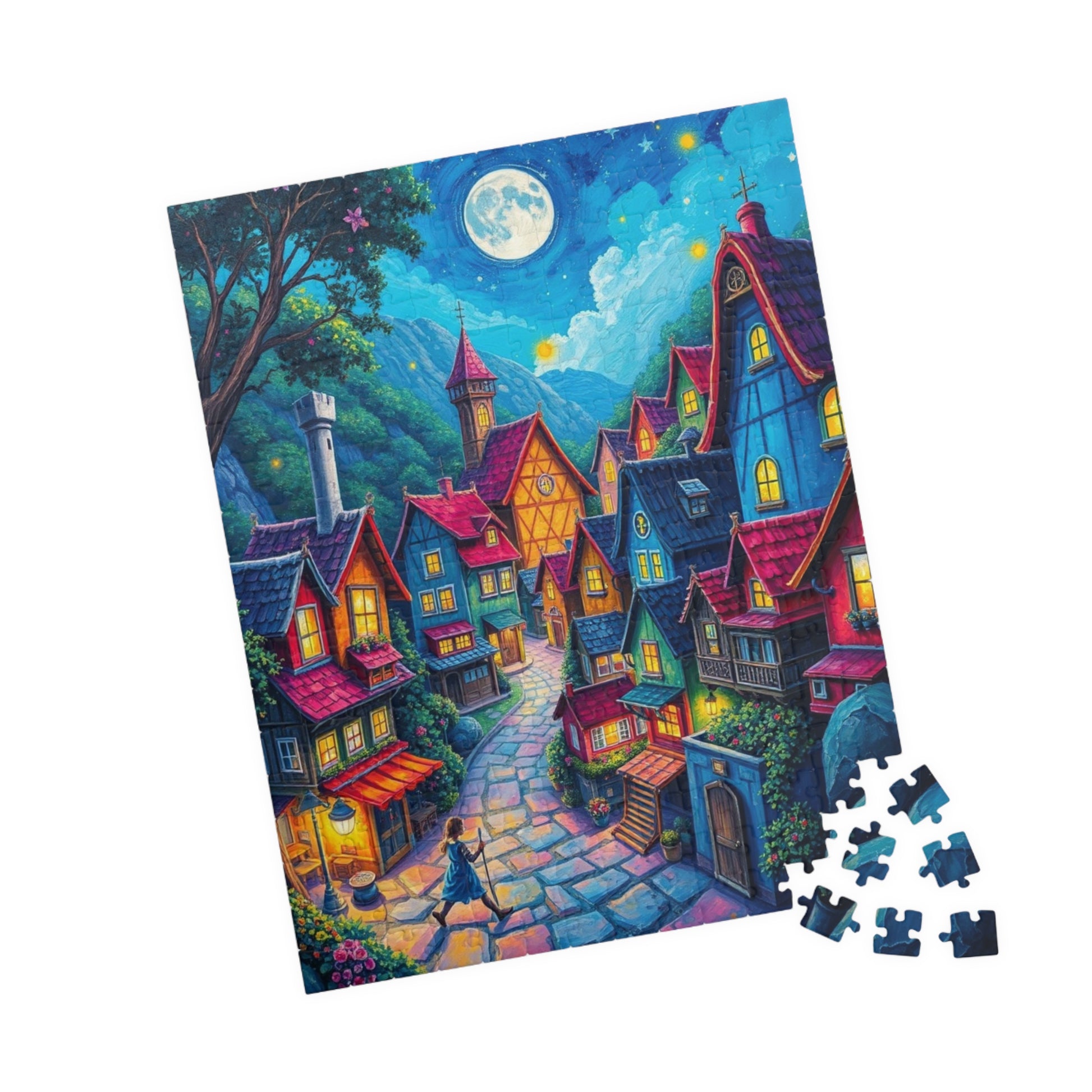 Vibrant Village Puzzle (110-1014 Piece), Cozy Moonlit Town Jigsaw Game for Adults, Family Activity, Gift for Puzzle Lovers, Mindfulness The Puzzle Chest
