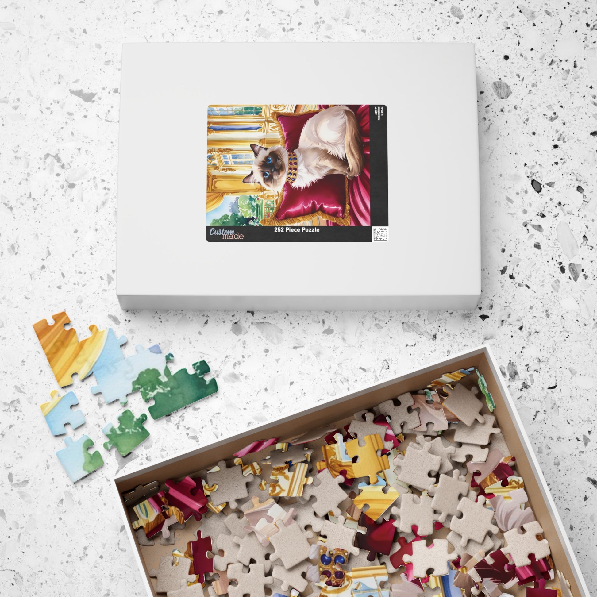 Jigsaw Puzzle - Siamese Cat with Jeweled Collar, Opulent Palace Room, Animal Puzzle, Relaxing Cat Puzzle, Silk Pillow Puzzle, Cat Lover Gift Puzzle The Puzzle Chest