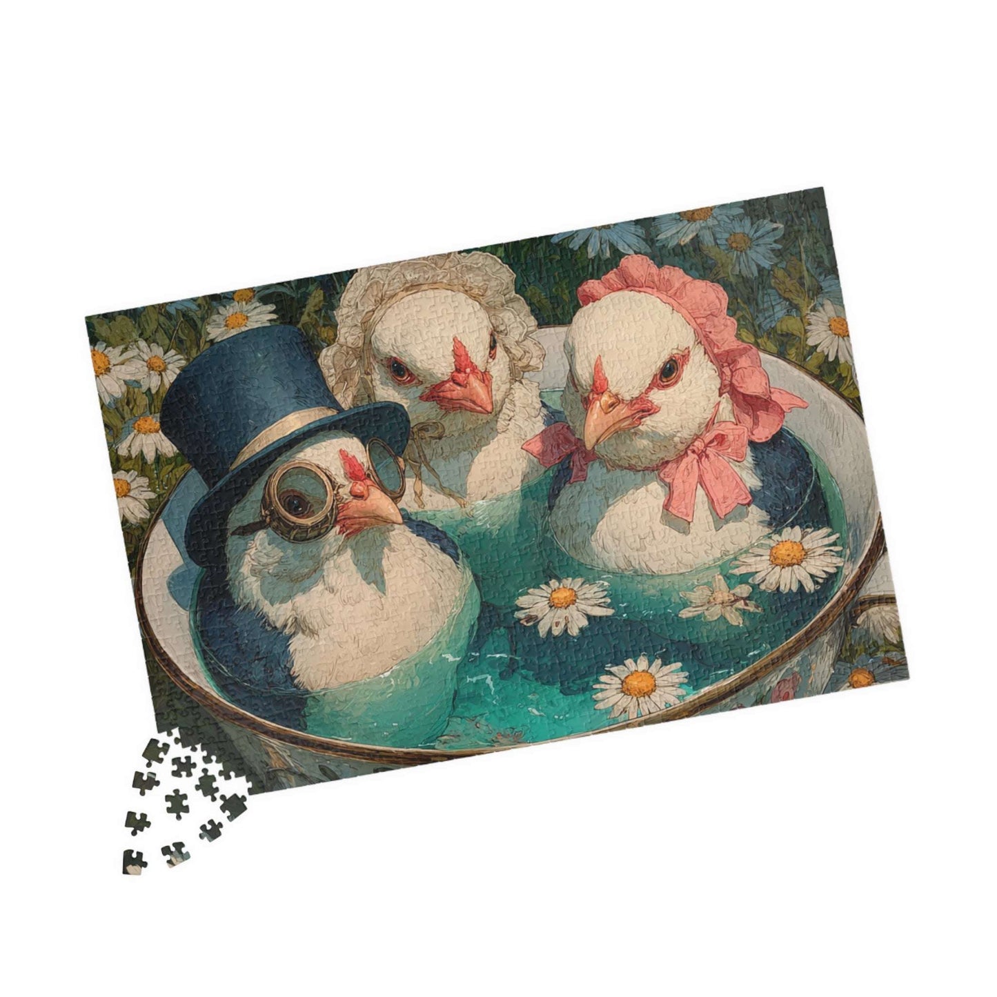 Whimsical Wildflower Field Tea Chicken Puzzle – Three Fancy Chickens in Giant Teacup Bath with Flowers, Fairy-Tale Farm Animal Jigsaw 1014 pcs (Horizontal) Puzzle The Puzzle Chest