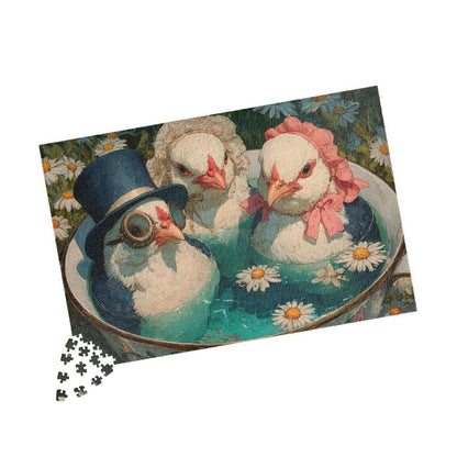 Whimsical Wildflower Field Tea Chicken Puzzle – Three Fancy Chickens in Giant Teacup Bath with Flowers, Fairy-Tale Farm Animal Jigsaw 1014 pcs (Horizontal) Puzzle The Puzzle Chest