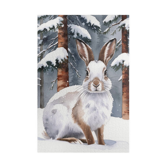 Snowshoe Rabbit Jigsaw Puzzle, Winter Landscape, Wildlife, Animal Puzzle, Winter Scene, Camouflage Puzzle, Snowy Rabbit Puzzle