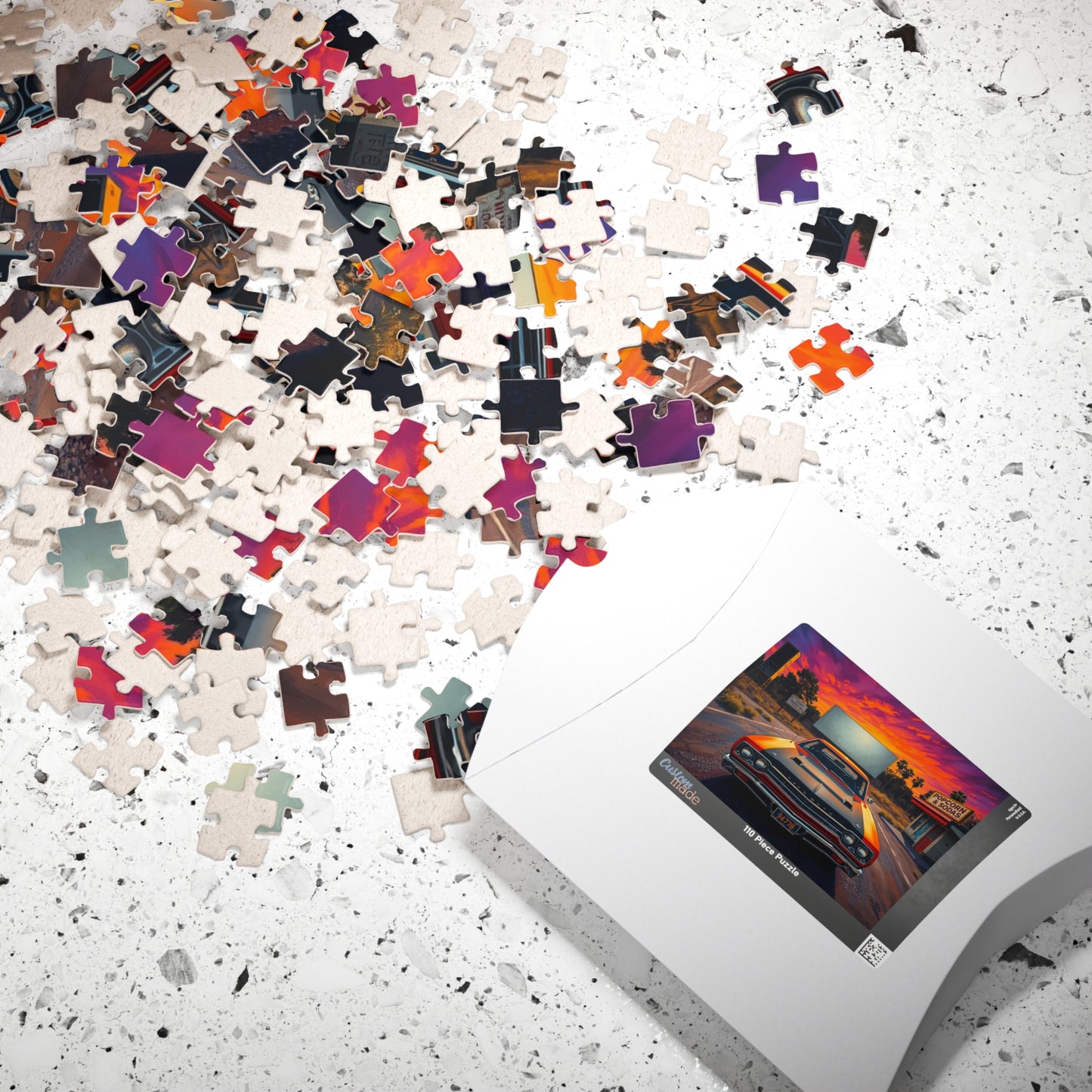 Vintage Car Puzzle, Orange 1969 Plymouth Road Runner, Sunset Classic Vehicle Scene Nostalgic Drive-In Background, Retro Puzzle Lover Gift Puzzle The Puzzle Chest